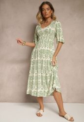 Zielono-Kremowa Sukienka Boho Rozkloszowana z Wiskozy z Odkrytymi Plecami Tuvria. Zielone sukienki damskie Renee, na co dzień, l, bez wzorów, z wiskozy, boho, bez kołnierzyka, bez ramiączek, midi, rozkloszowane. W wyprzedaży za 71.99 zł.