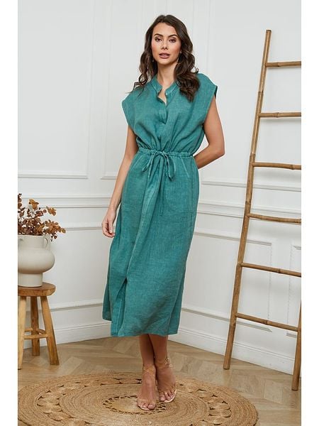 Joséfine Lniana sukienka w kolorze morskim rozmiar: M. Niebieskie sukienki damskie Joséfine, m, bez wzorów, ze lnu, bez kołnierzyka, bez ramiączek, maxi. Za 221.88 zł.