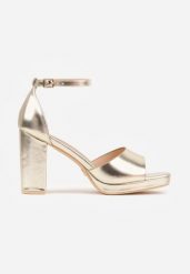 Złote Sandały VICES na Platformie i Słupku ze Skórzaną Wkładką Phelusa. Żółte sandały damskie Born2be, bez wzorów, bez obcasa, na obcasie. Za 109.99 zł.