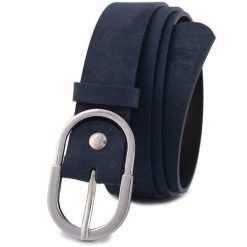 Skórzany pasek damski do spodni sukienki granatowy skóra nat. zamszowa 3 cm Beltimore D98 : Kolory - granatowy, Rozmiar pasków - r.105-120 cm. Niebieskie sukienki damskie bez wzorów, ze skóry, bez kołnierzyka, bez ramiączek. Za 41.90 zł.