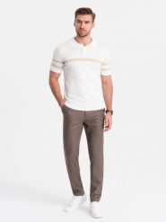 Spodnie męskie klasyczne chino SLIM FIT - ciemnobeżowe V2 OM-PACP-0182 - S. Brązowe spodnie materiałowe męskie Ombre Clothing, bez wzorów, z poliesteru, klasyczne. Za 143.99 zł.