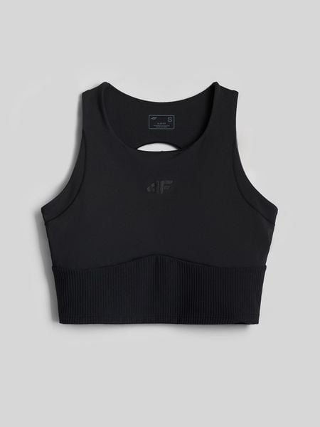 4F Crop top do jogi szybkoschnący damski - czarny M. Czarne topy damskie 4f, l, bez wzorów, z gumy, bez kołnierzyka. Za 119.99 zł.