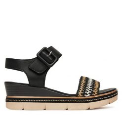 Sandały Remonte. Czarne sandały damskie Remonte, bez wzorów, bez obcasa, na koturnie. Za 369.99 zł.