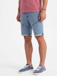 Podwinięte jeansowe krótkie spodenki męskie z przeszyciami – jasnoniebieskie V1 - Rozmiar: S. Niebieskie szorty męskie Ombre Clothing, z bawełny, bez kołnierzyka. W wyprzedaży za 49.99 zł.