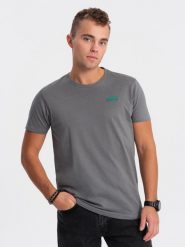 Bawełniany męski t-shirt z zieloną naszywką na piersi – szary V1 OM-TSCT-0151 - XXL. Szare t-shirty męskie Ombre Clothing, l, z aplikacjami, z bawełny, bez kołnierzyka. Za 77.99 zł.