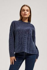 Sweter z ozdobnym splotem granatowy. Niebieskie swetry klasyczne damskie MOODO, l, z poliesteru, bez kołnierzyka. W wyprzedaży za 69.99 zł.
