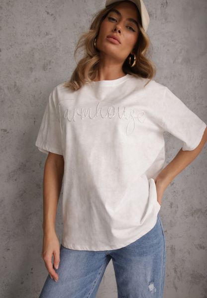 Biały Oversizowy T-shirt z Bawełny Zdobiony Haftem z Cekinami Marivia. Białe t-shirty damskie Renee, l, z aplikacjami, z bawełny, bez kołnierzyka. Za 49.99 zł.