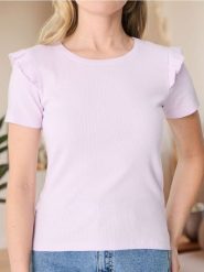 Prążkowana koszulka z falbankami - fioletowy. Fioletowe t-shirty damskie Sinsay, l, bez wzorów, prążkowane, bez kołnierzyka. Za 25.99 zł.