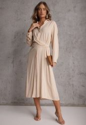 Beżowa Koszulowa Sukienka z Wiskozy z Asymetrycznym Drapowaniem i Guzikiem Hetasa. Brązowe sukienki damskie Renee, na co dzień, l, bez wzorów, z wiskozy, eleganckie, z asymetrycznym kołnierzem, bez ramiączek, asymetryczne. Za 129.99 zł.