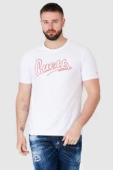 GUESS Biały t-shirt męski beachwear. Białe t-shirty męskie Guess, m, z aplikacjami, bez kołnierzyka. W wyprzedaży za 119.99 zł.