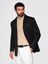 Dzianinowa marynarka męska o dopasowany kroju - czarna V5 - Rozmiar: XL. Czarne marynarki męskie Ombre Clothing, bez wzorów, z dzianiny. W wyprzedaży za 314.99 zł.