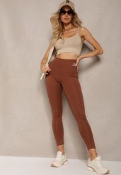 Brązowe Legginsy High Waist z Gumką w Pasie Cloen. Brązowe legginsy damskie Renee, l, bez wzorów, z jeansu. Za 24.99 zł.