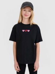 4F T-shirt oversize gładki dziewczęcy - czarny 122 (6-7 lat). Czarne koszulki dziewczęce 4f, bez wzorów, z bawełny, bez ramiączek. W wyprzedaży za 19.99 zł.