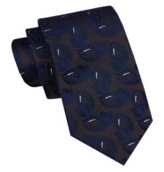 Elegancki Męski Krawat - Alties - Brązowy w Granatowe Liście. Niebieskie krawaty i muchy męskie Alties, bez wzorów, z tkaniny, eleganckie. Za 49.00 zł.