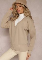 Beżowa Bawełniana Bluza z Trójkątnym Dekoltem Hydralia. Brązowe bluzy bez kaptura damskie Renee, z bawełny. Za 84.99 zł.