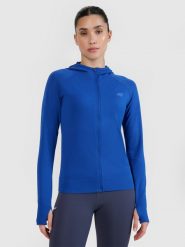 4F Bluza do biegania w terenie rozpinana z kapturem damska - niebieska XS/S. Niebieskie bluzy sportowe damskie 4f, s, bez wzorów, z dzianiny, z kapturem. W wyprzedaży za 139.99 zł.