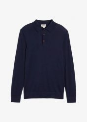 Cienki sweter z kołnierzykiem polo z domieszką wysokogatunkowej wełny merino, slim fit. Niebieskie swetry męskie bonprix, m, bez wzorów, z wełny, bez kołnierzyka. Za 149.99 zł.