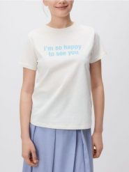 T-shirt z nadrukiem - złamana biel. T-shirty damskie Reserved, l, bez wzorów, z bawełny, bez kołnierzyka. W wyprzedaży za 29.99 zł.