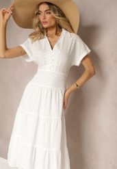 Biała Ażurowa Sukienka z Bawełny z Krótkim Rękawem i Guzikami Obitha. Białe sukienki damskie Renee, na lato, l, w ażurowe wzory, z bawełny, eleganckie, bez kołnierzyka, bez ramiączek, midi, rozkloszowane. Za 189.99 zł.