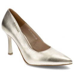 Złote Czółenka Karino Eleganckie Skórzane Buty. Żółte czółenka damskie Karino, bez wzorów, ze skóry, bez obcasa, na szpilce. Za 309.00 zł.