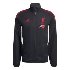 Kurtka treningowa Prematch Liverpool FC 2025/26. Czarne kurtki męskie Adidas, bez wzorów, sportowe, bez kaptura. W wyprzedaży za 331.85 zł.