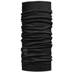 Komin chusta wielofunkcyjna z wełny merino lightweight. Czarne szaliki i kominy damskie Buff, bez wzorów, z materiału. Za 99.99 zł.