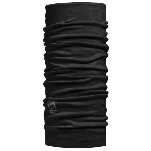 Komin chusta wielofunkcyjna z wełny merino lightweight. Czarne szaliki i kominy damskie Buff, bez wzorów, z materiału. Za 99.99 zł.