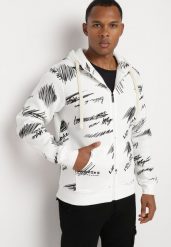 Biała Bluza z Bawełną Zapinana na Suwak z Napisami i Kapturem Wykończona Polarem Hadela. Białe bluzy z kapturem męskie Born2be, l, z bawełny. Za 84.99 zł.