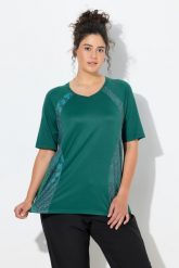 Damskie Bluzka funkcyjna kwiaty/panterka dekolt w serek rękaw 1/2. Zielone bluzki sportowe damskie Ulla Popken, plus size, z dżerseju, bez kołnierzyka, bez ramiączek. Za 199.99 zł.