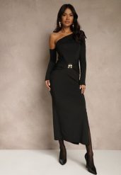 Czarna Sukienka z Wiskozą Aplikacją Marszczeniem i Wywiniętym Dekoltem Reilenna. Czarne sukienki damskie Renee, m, z aplikacjami, z wiskozy, wizytowe, bez kołnierzyka, bez ramiączek. Za 119.99 zł.