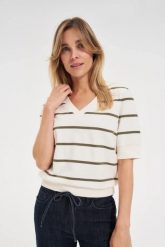 Bluza w paski z krótkimi rękawami ecru. Bluzy bez kaptura damskie MOODO, l, z bawełny. Za 89.99 zł.