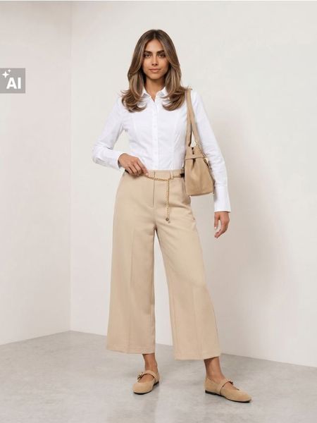Spodnie culotte z domieszką wiskozy - kremowy. Białe spodnie materiałowe damskie Sinsay, bez wzorów, z wiskozy. Za 59.99 zł.
