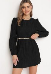 Czarna Rozkloszowana Sukienka z Gumką w Pasie i Długim Rękawem Biasha. Czarne sukienki damskie Born2be, na co dzień, m, bez wzorów, eleganckie, bez kołnierzyka, bez ramiączek, mini, dopasowane. W wyprzedaży za 95.99 zł.