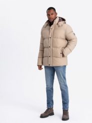 Męska kurtka puffer z podszewką w kratę – beżowa V2 OM-JAHP-0205 - XXL. Brązowe kurtki męskie Ombre Clothing, l, z aplikacjami, z bawełny, bez kaptura. W wyprzedaży za 199.99 zł.