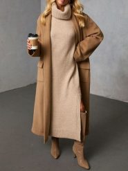 Milan Kiss Sukienka dzianinowa w kolorze beżowym rozmiar: L. Brązowe sukienki damskie Milan Kiss, l, bez wzorów, z dzianiny, bez kołnierzyka, bez ramiączek, maxi. Za 195.99 zł.