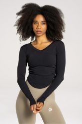 Koszulka fitness damska Gym Glamour wycięta z długimi rękawami. Niebieskie bluzki sportowe damskie GYM GLAMOUR, l, z materiału, bez kołnierzyka, bez ramiączek. Za 149.99 zł.