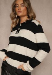 Czarny Pasiasty Sweter z Dodatkiem Wełny z Kołnierzykiem i Guzikami Tiarresa. Czarne swetry klasyczne damskie Renee, z jeansu, bez kołnierzyka. Za 159.99 zł.