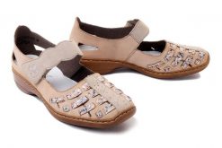 RIEKER 41369-60 beige, półbuty letnie damskie. Brązowe półbuty damskie Rieker, bez wzorów, bez obcasa, na koturnie. Za 185.94 zł.