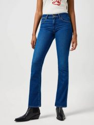 DAMSKIE SPODNIE WRANGLER BOOTCUT HEAVENLY BLUE 112364508. Niebieskie spodnie materiałowe damskie Wrangler, bez wzorów, z jeansu. Za 219.99 zł.