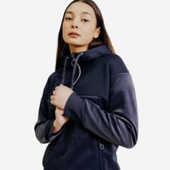 Bluza jeździecka damska 900 ciepła. Niebieskie bluzy z kapturem damskie FOUGANZA, na zimę, m, z materiału. Za 149.99 zł.