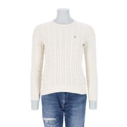 Second life - Damski beżowy sweter z warkoczowym splotem - Jak nowy. Brązowe golfy damskie Ralph Lauren, bez wzorów, ze splotem, bez ramiączek. Za 255.56 zł.