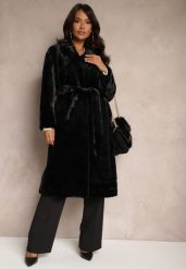 Czarny Szlafrokowy Płaszcz Wiązany w Talii z Futerka Izalora. Czarne płaszcze damskie Renee, l, bez wzorów, z jeansu, eleganckie. Za 359.99 zł.