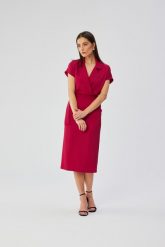 Elegancka sukienka z kołnierzem śliwkowa. Sukienki damskie Stylove, do pracy, l, bez wzorów, z elastanu, biznesowe, bez kołnierzyka, bez ramiączek, midi, dopasowane. Za 349.00 zł.