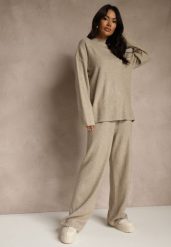 Beżowy Komplet Oversize z Dzianiny z Wełną Sweter i Szerokie Spodnie Alenria. Brązowe spodnie materiałowe damskie Renee, bez wzorów, z dzianiny, eleganckie. Za 139.99 zł.