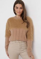 Brązowy Sweter o Klasycznym Kroju z Puchatego Materiału Hellende. Brązowe swetry klasyczne damskie Born2be, bez kołnierzyka. Za 89.99 zł.