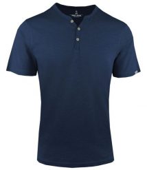 T-Shirt z Dekoltem na Guziki -Pako Jeans- Lekko Melanżowa, Granatowa Tkanina. Niebieskie t-shirty męskie Pako Jeans, l, bez wzorów, z bawełny, bez kołnierzyka. Za 69.00 zł.