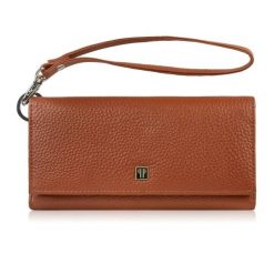 Portfel damski skórzany duży z miejscem na telefon kopertówka koniakowa damska Paolo Peruzzi T-141-CG. Brązowe portfele damskie bez wzorów, ze skóry, eleganckie, bez kołnierzyka, bez ramiączek. Za 89.00 zł.
