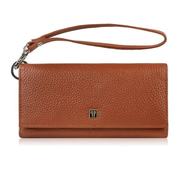 Portfel damski skórzany duży z miejscem na telefon kopertówka koniakowa damska Paolo Peruzzi T-141-CG. Brązowe portfele damskie bez wzorów, ze skóry. Za 89.00 zł.