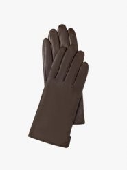 Klasyczne skórzane rękawiczki damskie. Brązowe rękawiczki damskie Ryłko, bez wzorów, ze skóry. Za 129.99 zł.