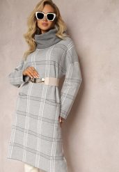 Szara Sweterkowa Sukienka Oversize z Szerokim Golfem Arnca. Szare sukienki damskie Renee, na zimę, l, bez wzorów, z dzianiny, bez kołnierzyka, bez ramiączek, midi, oversize. W wyprzedaży za 104.99 zł.